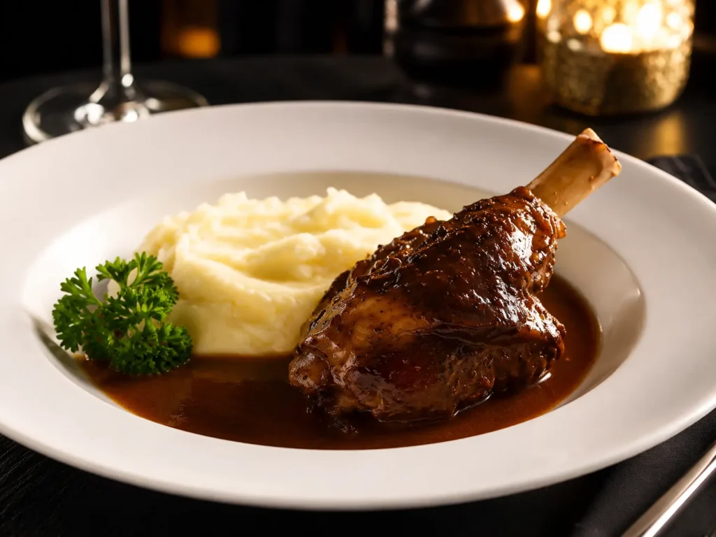 Souris d’agneau fondante accompagnée d’une purée maison dans un bistrot français à l’ambiance chaleureuse.